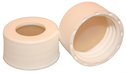 Screw Cap, CHROMSPEC, 24-400 Open Top, White, with 0.125" Natural PTFE/Clear Ultra Low Bleed Silicone Septum, Minimum Order Quantity of 20 Packages