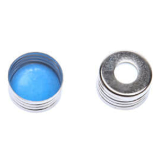 CHROMSPEC AQ Magnetic Screw Cap, 18 mm, Open Top, Silver, 8 mm Opening, with Blue PTFE/White Silicone Septum