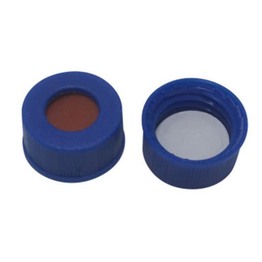 CHROMSPEC AQ Screw Cap, 9 mm, Open Top, Blue PP, 6 mm Opening, with Bonded White PTFE/Red Silicone Septum