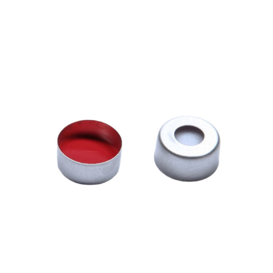CHROMSPEC AQ Crimp Cap, 11 mm, Open Top, Aluminum, 5.5 mm Opening, with Red PTFE/White Silicone Septum
