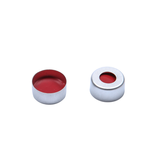 CHROMSPEC AQ Crimp Cap, 11 mm, Open Top, Aluminum, 5.5 mm Opening, with Red PTFE/White Silicone/Red PTFE Septum