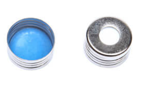 CHROMSPEC AQ Magnetic Screw Cap, 18 mm, Open Top, Silver, 8 mm Opening, with Blue PTFE/White Silicone Septum