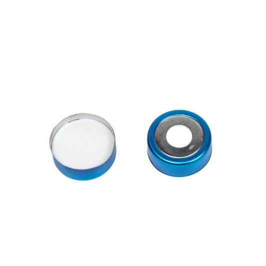 CHROMSPEC AQ Magnetic Crimp Cap, 20 mm, Open Top, Blue, 10 mm Opening, with White PTFE/White Silicone Septum