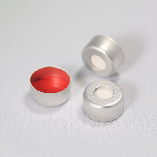 Crimp Cap, CHROMSPEC, 11 mm, Silver Aluminum, with 0.040" Red PTFE/White Ultra Low Bleed Silicone Septum, Minimum Order Quantity of 20 Packages