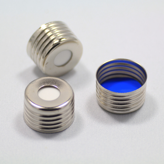 Screw Cap, CHROMSPEC, Magnetic, 18 mm, Silver, 8 mm Centre Hole, with 0.060" Blue PTFE/White Ultra Low Bleed Silicone Septum, Minimum Order Quantity of 20 Packages