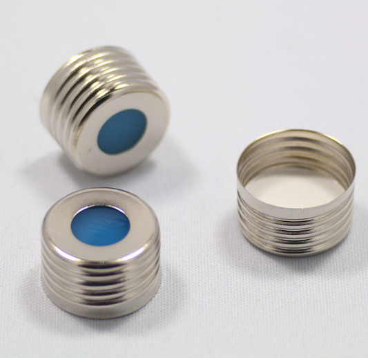 Screw Cap, CHROMSPEC, Magnetic 18 mm, Silver, with 0.125" White PTFE/Translucent Blue Ultra Low Bleed Silicone Septum, Minimum Order Quantity of 20 Packages