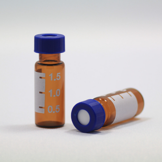 Vial, CHROMSPEC, 2 mL, 12 x 32 mm, Amber Glass, with Write-On Patch, Blue 9-425 Screw Cap & Red PTFE/White Silicone Septum