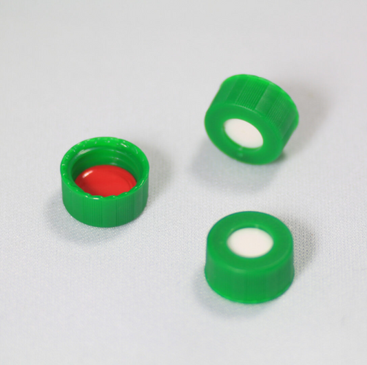Screw Cap, CHROMSPEC, 9 mm, Open Top, Green with Pre-Slit 0.040" Red PTFE/White Easy Pierce Silicone Septum, Minimum Order Quantity of 20 Packages