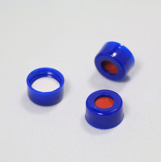Screw Cap, CHROMSPEC, 9 mm, Blue with Ivory PTFE/Red Silicone Septum, Minimum Order Quantity of 20 Packages