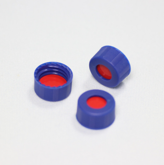 Screw Cap, CHROMSPEC, 9 mm, Open Top, Blue with 0.040" Red PTFE/White Silicone/Red PTFE Septum, Minimum Order Quantity of 20 Packages