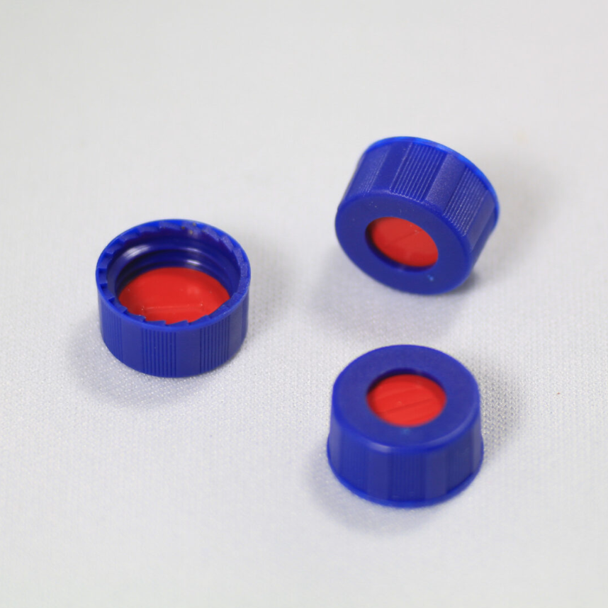 Screw Cap, CHROMSPEC, 9 mm, Open Top, Blue with Pre-Slit 0.040" Red PTFE/White Silicone/Red PTFE Septum, Minimum Order Quantity of 20 Packages
