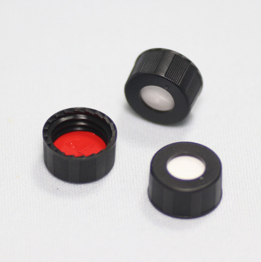 Screw Cap, CHROMSPEC, 9 mm, Ribbed Open Top, Black PP, with Cross-Slit 0.040" Red PTFE/ White Silicone Septum, Minimum Order Quantity of 20 Packages