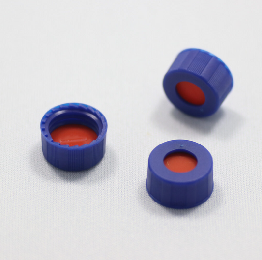 Screw Cap, CHROMSPEC, 9 mm, Blue with Pre-Slit Clear PTFE/Red Ultra Low Bleed Silicone Septum, 100/pk