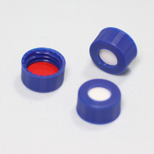Screw Cap, CHROMSPEC, 9 mm, Blue, Open Top, with 0.040" Red PTFE / White Easy Pierce Ultra Low Bleed Silicone Septum, Minimum Order Quantity of 20 Packages