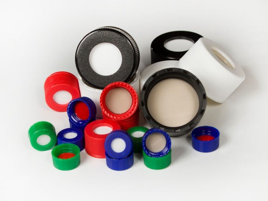 Screw Cap, CHROMSPEC, 13 mm, Open Top, Black PP, with Bonded 0.060" Red PTFE/White Silicone Septum, Minimum Order Quantity of 20 Packages