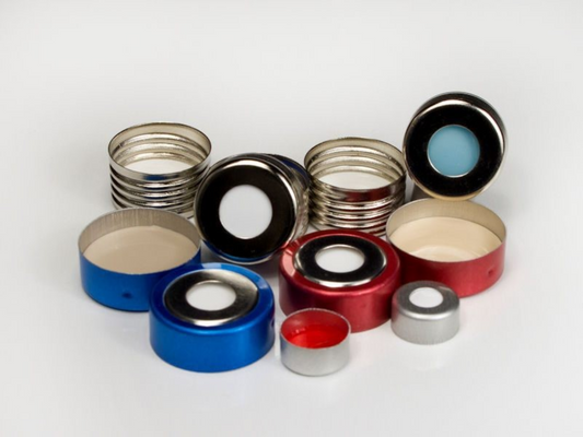 Crimp Cap, Safety Seal, 20 mm, Silver Aluminum, with 0.125" Thick Natural PTFE/Extreme Low Bleed Silicone Septum, Minimum Order Quantity of 20 Packages
