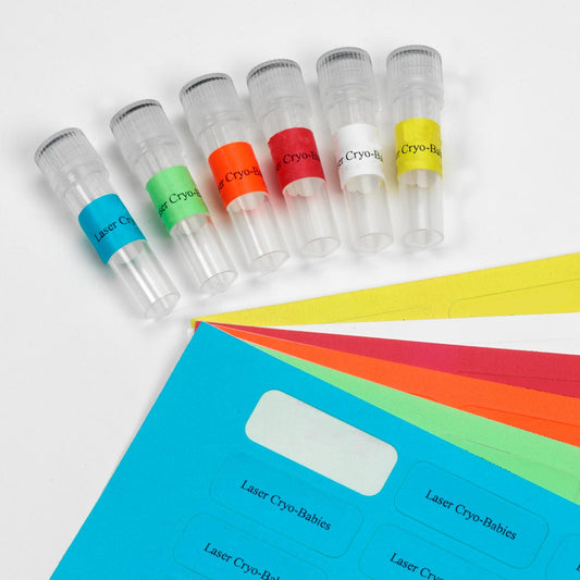 Large Laser Cryo-Tags, 1.69" L x 0.75" W. Assorted Colours.  Labels/Sheet: 52. Labels/Package: 1040