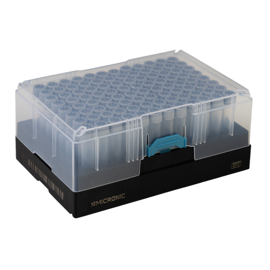 Micronic EFC 96-3 Rack RM with high cover for 1.40ml tubes capped with Push Caps or Screw Caps (empty) (Barcoded A1-H1 side), 2 x 10 Racks