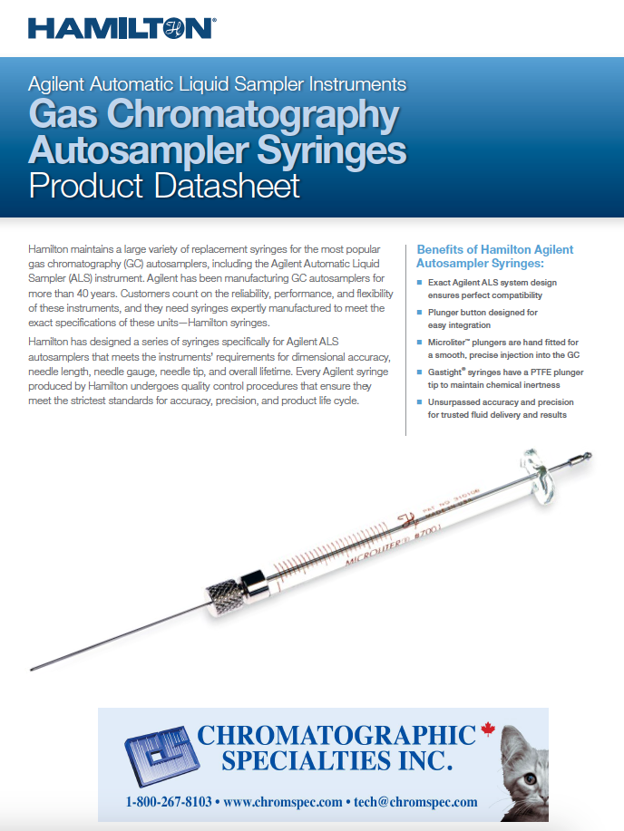 Syringe Agilent GC Autosampler Syringes Product Datasheet