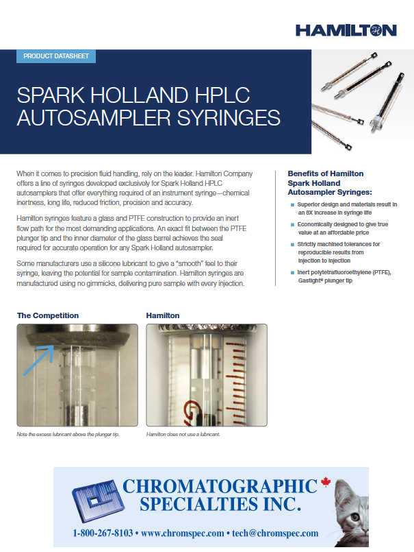 Syringe SparkHolland HPLC Autosampler Syringe Datasheet