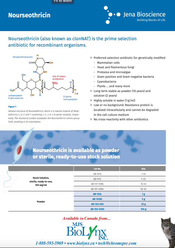 Nourseothricin (also known as clonNat) – The Prime Selection Antibiotic for Recombinant Organisims