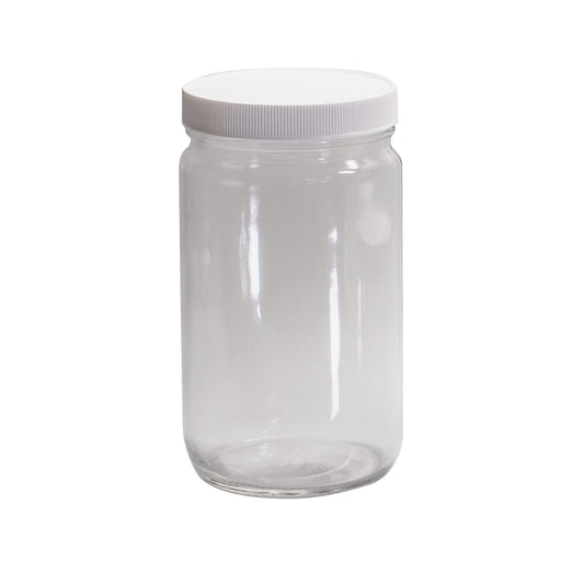 Jar, Short, Wide Mouth, 1000mL, Clear Glass, with 89-400mm White PP Cap & 0.015" PTFE Liner