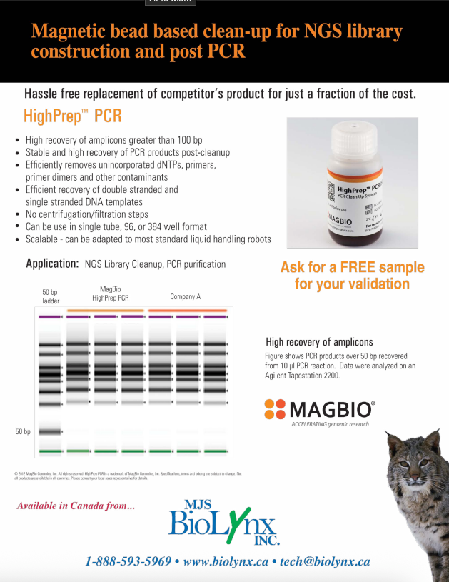 Magnetic bead based clean-up for NGS library construction and post PCR