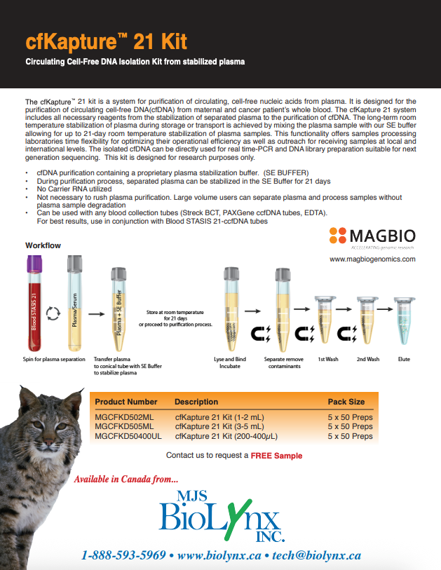 cfKapture™ 21 Isolation Kit for Circulating Cell-free DNA (ccfDNA) from Stabilized Plasma