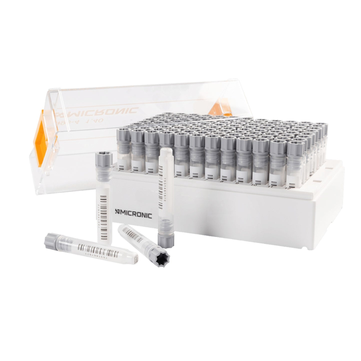 1.40 mL 2D Data-Matrix Coded Screw Cap Tubes with Internal Thread Hybrid W1D V-bottom precapped with Grey Screw Cap in Micronic 96-4 Rack with High Cover (Barcoded A1-H1 side), 2 x 10 Racks