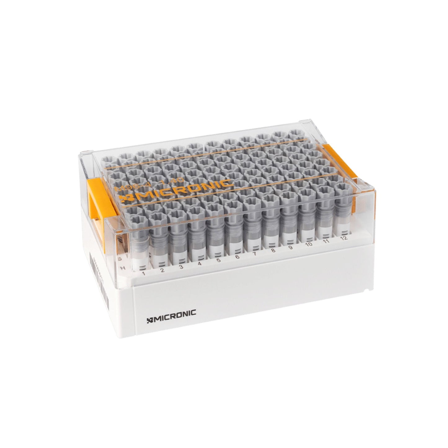 1.40 mL 2D Data-Matrix Coded Screw Cap Tubes with Internal Thread Hybrid W1D V-bottom precapped with Grey Screw Cap in Micronic 96-4 Rack with High Cover (Barcoded A1-H1 side), 2 x 10 Racks