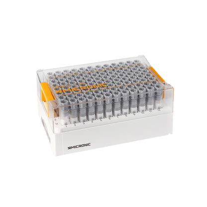 1.40 mL 2D Data-Matrix Coded Screw Cap Tubes with Internal Thread Hybrid W1D V-bottom precapped with Grey Screw Cap in Micronic 96-4 Rack with High Cover (Barcoded A1-H1 side), 2 x 10 Racks