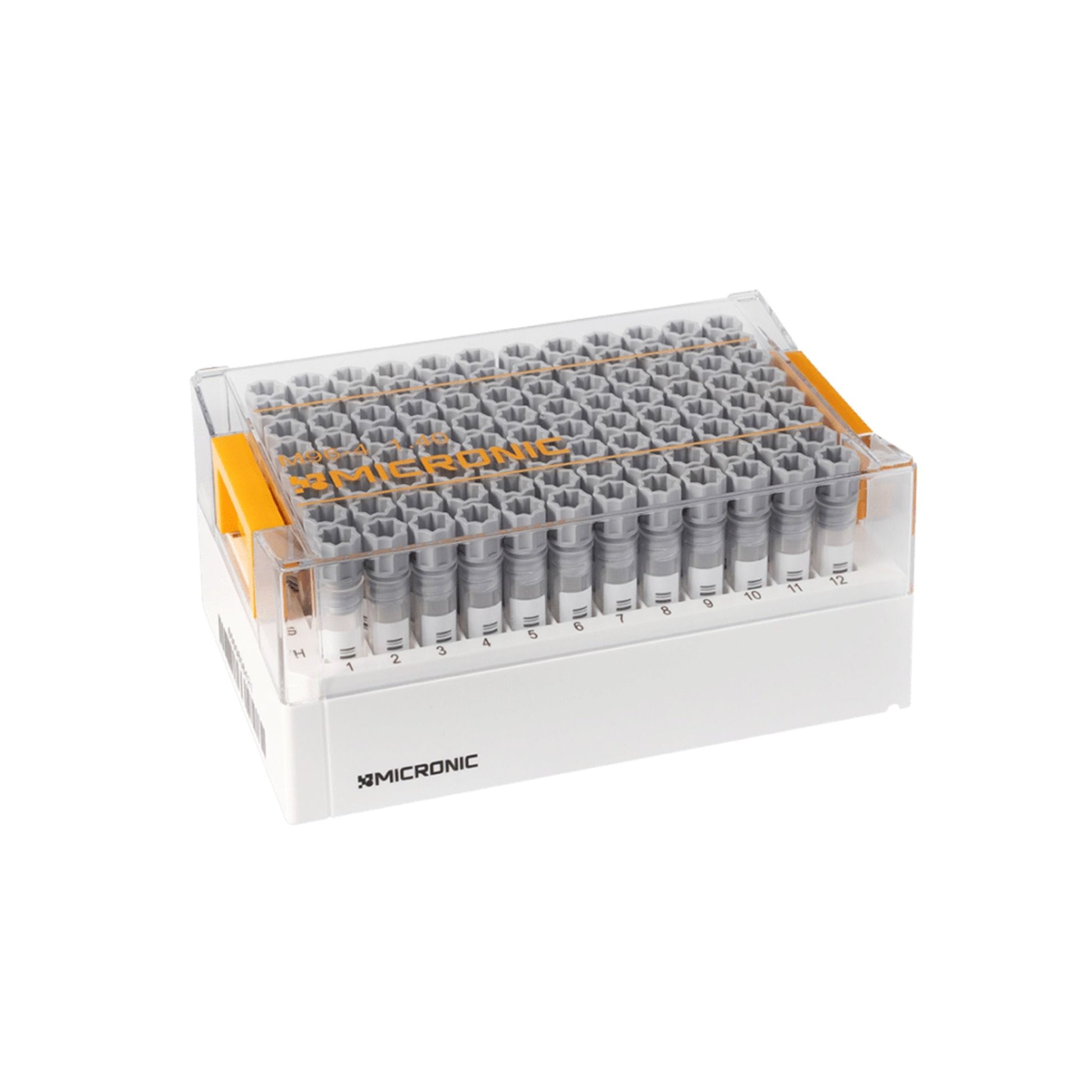 Image of MSMP52587 - 1.40 mL 2D Data-Matrix Coded Screw Cap Tubes with Internal Thread Hybrid W00 V-bottom in Micronic 96-4-DM Rack with High Cover (Barcoded A1-H1 side), 2 x 10 Racks
