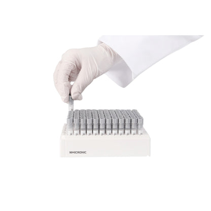 1.40 mL 2D Data-Matrix Coded Screw Cap Tubes with Internal Thread Hybrid W1D V-bottom precapped with Grey Screw Cap in Micronic 96-4 Rack with High Cover (Barcoded A1-H1 side), 2 x 10 Racks