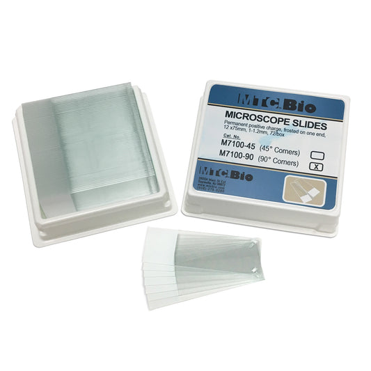 Microscope Slides, Positive Charged, 90° Corners, Frosted on One End, 25 x 75mm, 72/pk