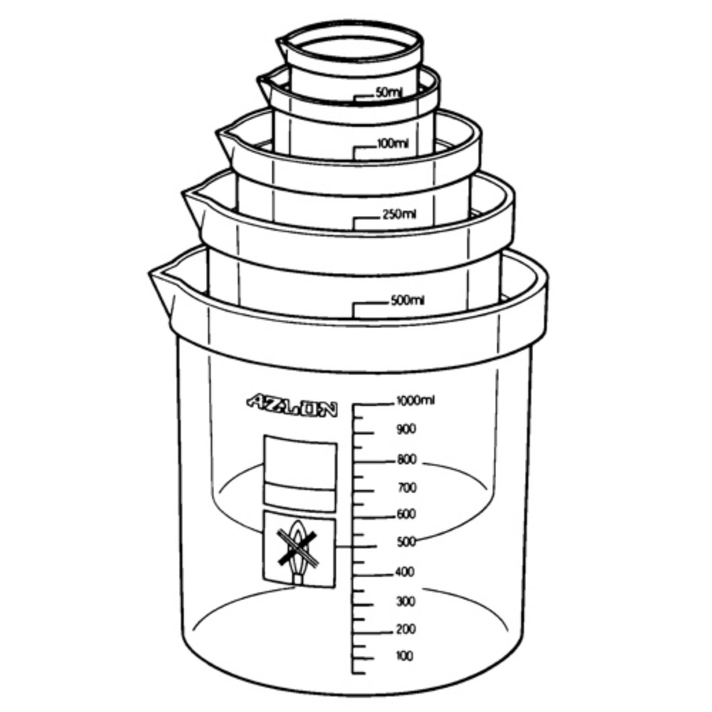 Azlon Square Ratio Beakers, PP, 1000 mL, 5/pk
