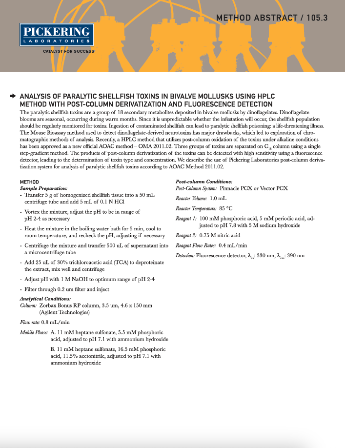 Method Abstracts 105.3 - Analysis of Paralytic Shellfish Toxins in Bivalve Mollusks using HPLC Method with Post-column Derivatization and Fluorescence Detection