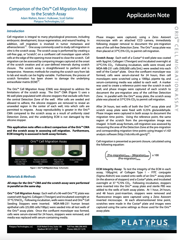 Comparison of the Oris™ Cell Migration Assay to the Scratch Assay