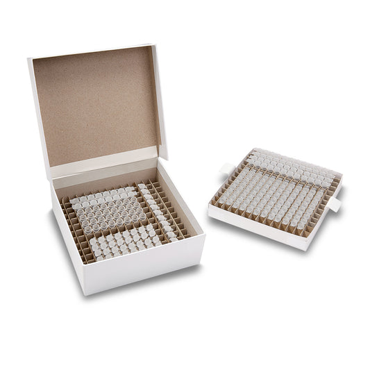 Double Decker™ PCR Freezer Box, 392-Place, Cardboard, Hinged Lid, for 0.1 and 0.2mL PCR Tubes, Strips, and Plates, 5/pk