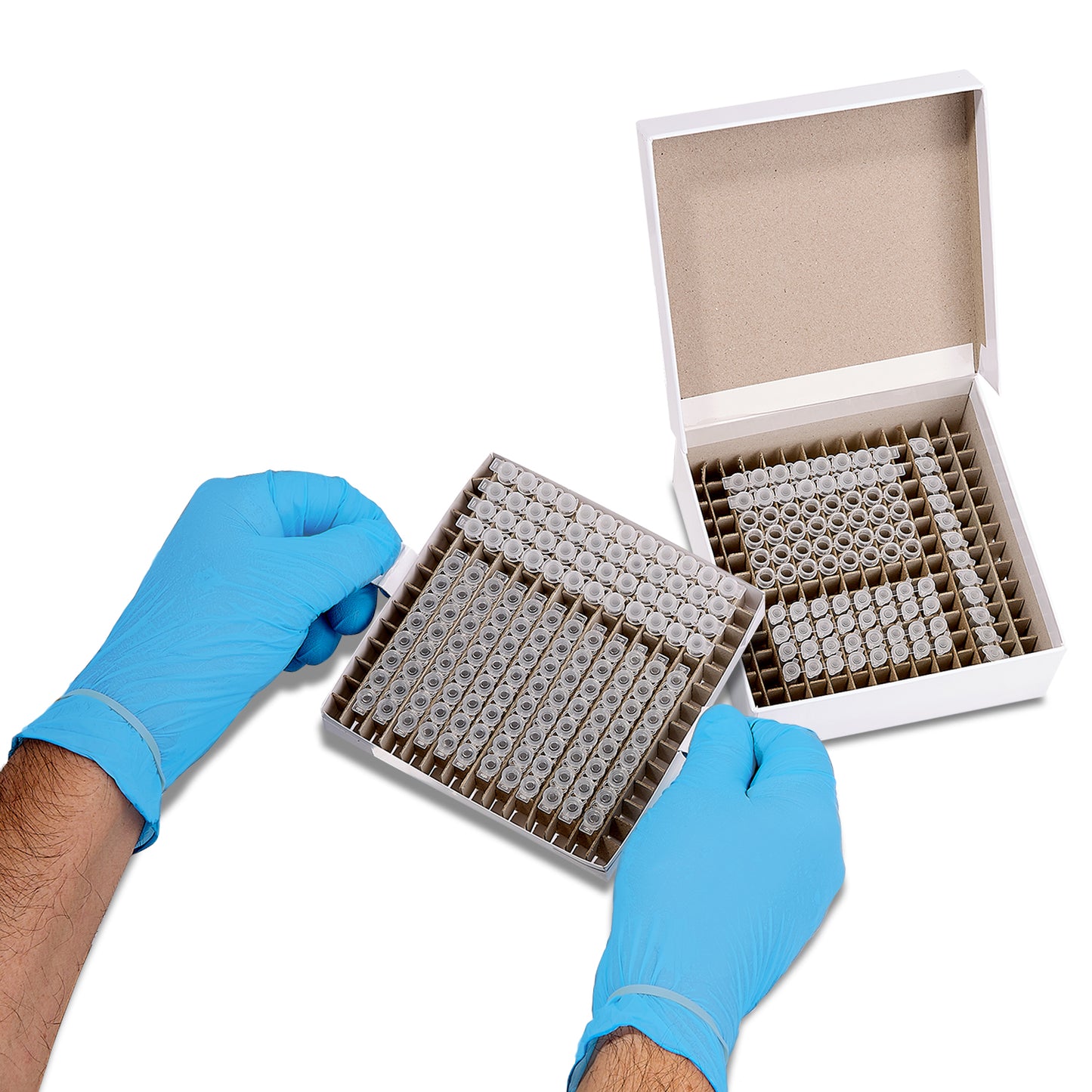 Double Decker™ PCR Freezer Box, 392-Place, Cardboard, Hinged Lid, for 0.1 and 0.2mL PCR Tubes, Strips, and Plates, 5/pk