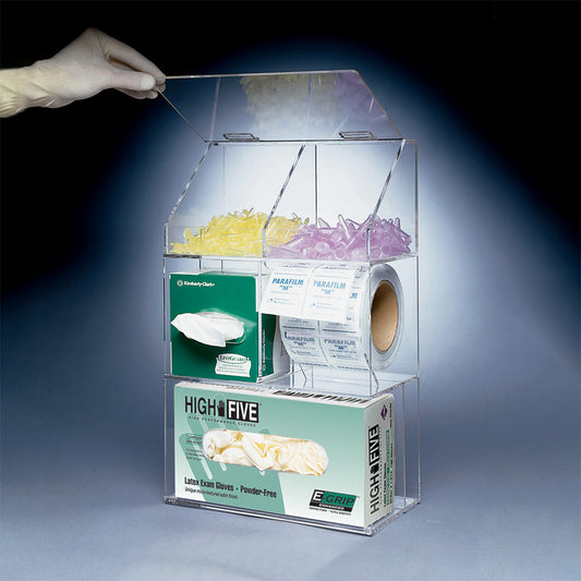 Acrylic Bench Top Organizer and Dispenser.  Measures 10.4 W x 5.4 D x 17.3 H (265 mm W x 137 mm D x 440 mm H).
