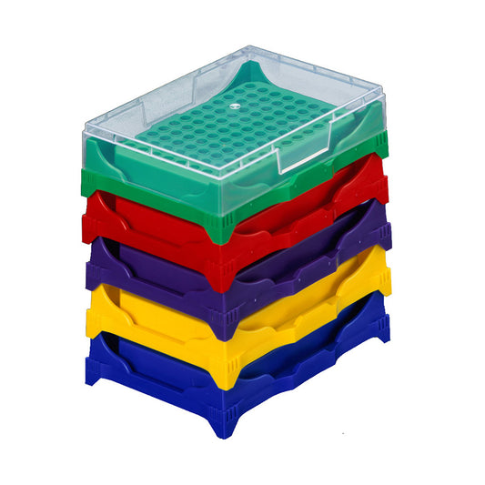 Stackable Polypropylene PCR Tube Rack, Mixed Colors, 5 1/2 In L x 4 1/8 In W x 1 9/16 In H, 5/Pack