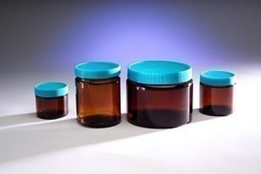 Jar, Straight Side, 125 mL, Amber Glass, with 58-400 PTFE Lined Closed Top Cap, 1000 Class, 24/pk