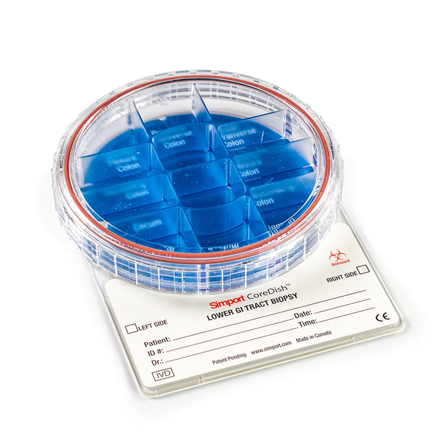 CoreDish®  GI tract biopsy container : Compartments - Lower GI Tract 12 compartments, Prefilled with Formalin