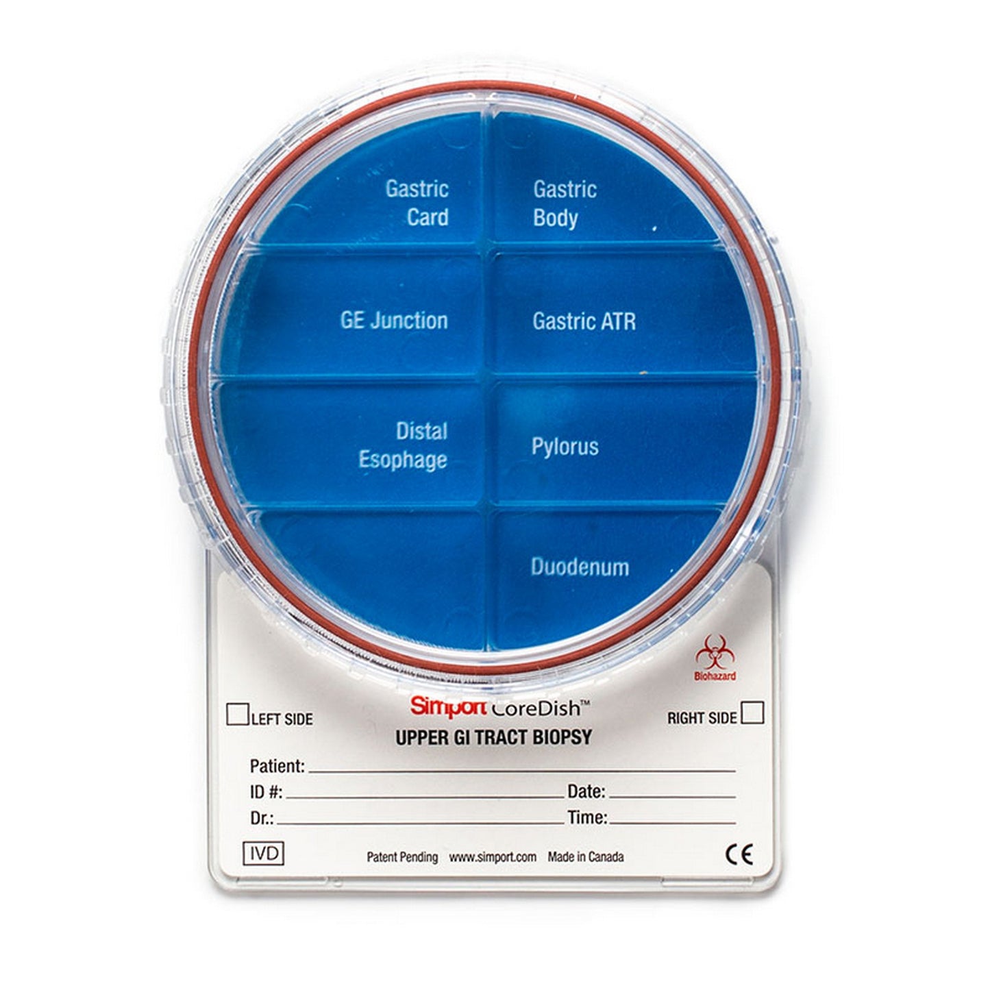 CoreDish®  GI tract biopsy container : Compartments - Upper GI Tract 8 compartments, No Formalin