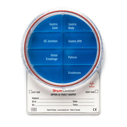 CoreDish®  GI tract biopsy container : Compartments - Upper GI Tract 8 compartments, No Formalin
