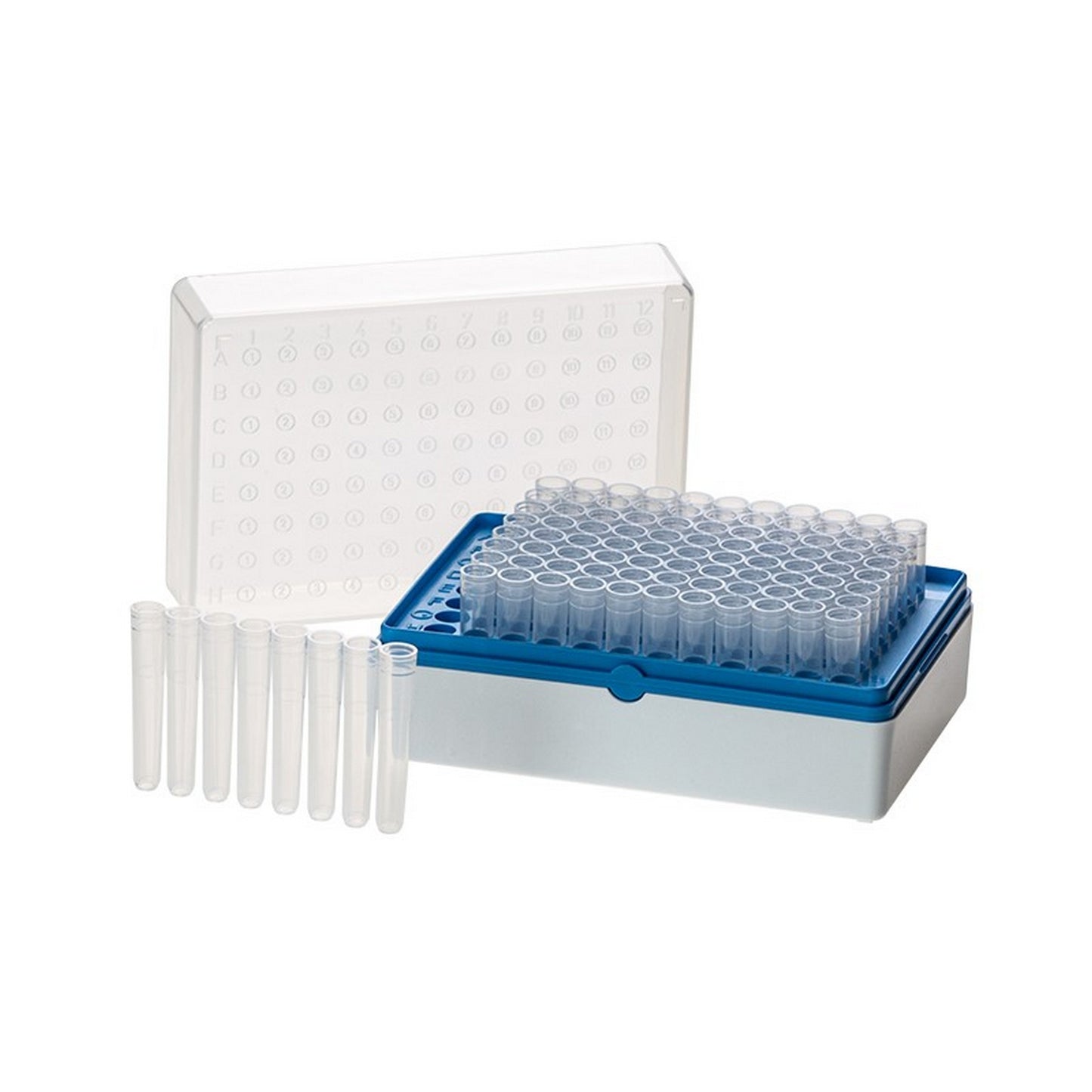 BioTube™ Racks, Rack with 12 strips of 8 tubes, Grid Plate Color - Blue, Sterile