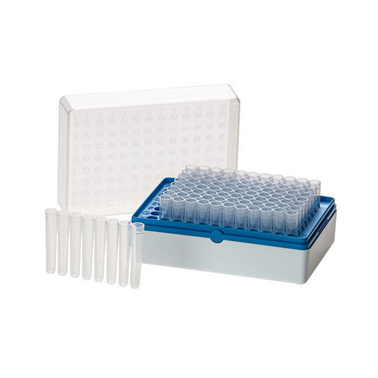 BioTube™ Racks, Rack with 12 strips of 8 tubes, Grid Plate Color - Blue, Sterile
