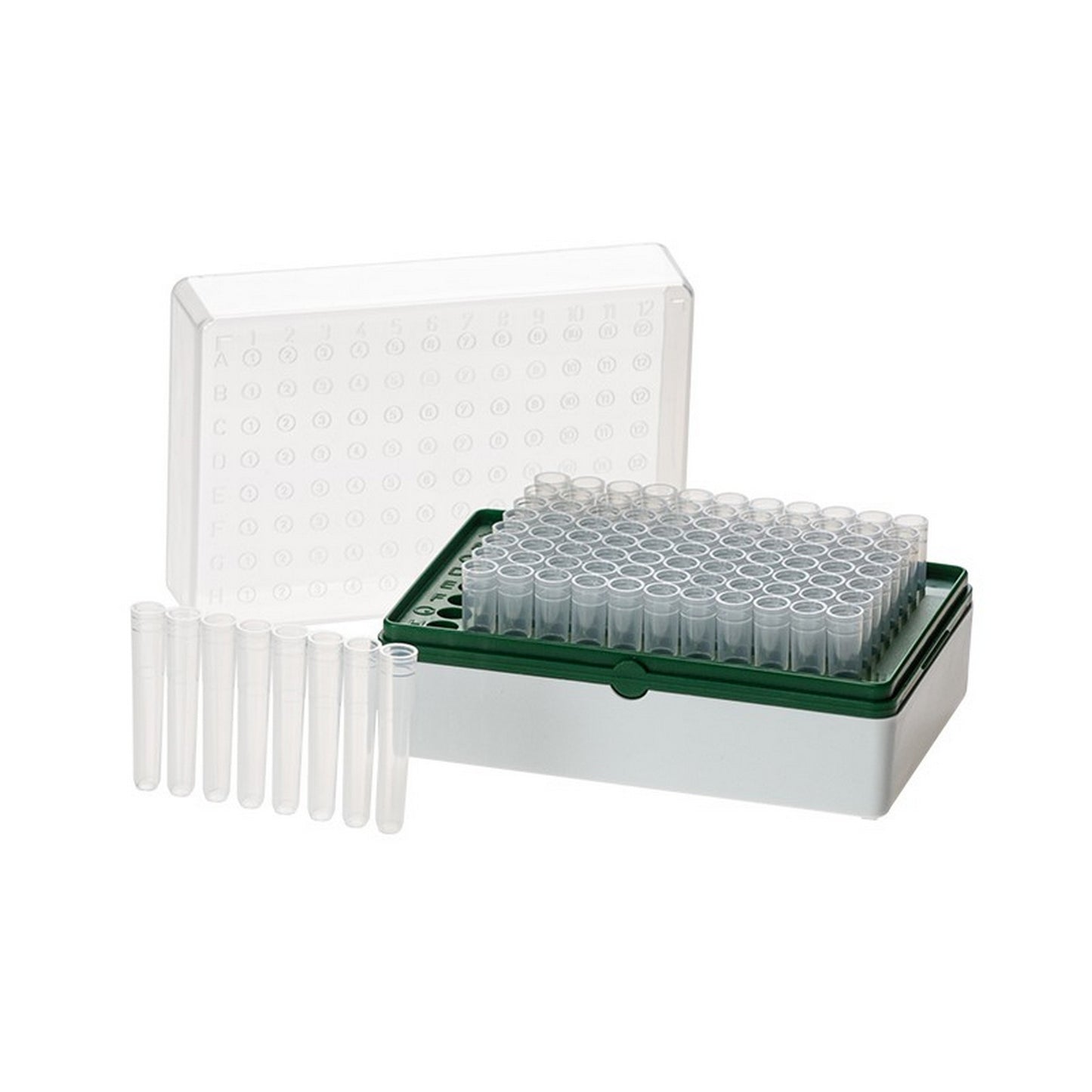 BioTube™ Racks, Rack with 12 strips of 8 tubes, Grid Plate Color - Green, Non-sterile