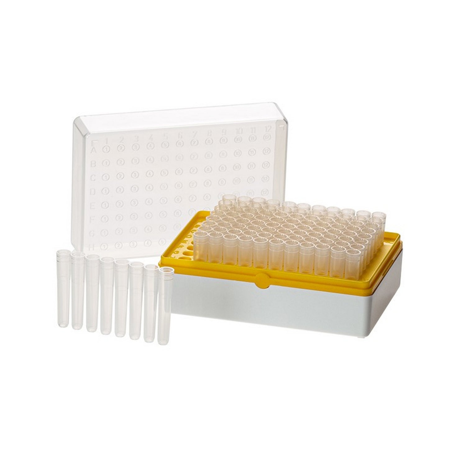 BioTube™ Racks, Rack with 12 strips of 8 tubes, Grid Plate Color - Yellow, Sterile