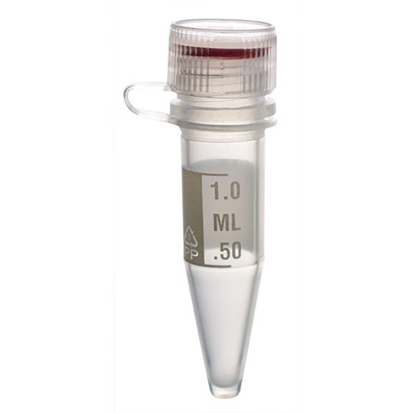 MicrewTube® with Washer Seal Screw Cap and Attachment Loop, 1.5 ml Conical Bottom, Assembled, sterile, white marking area and graduations, Qty/Pk: 50, Qty/Cs: 500